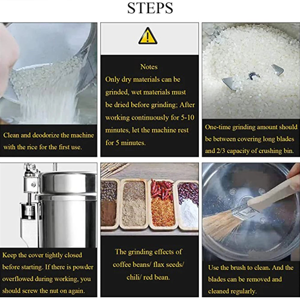 Stainless steel electric dry spice and coffee bean grinder instructions showing usage, cleaning, and grinding tips.