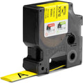 DYMO label maker cassette with black-on-yellow heat-shrink label tape