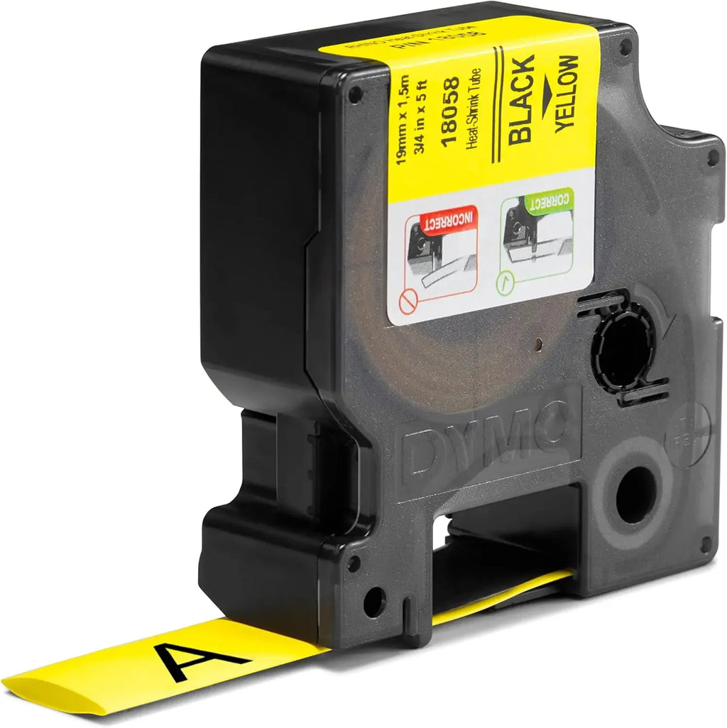Heat-shrink label tape cartridge, black on yellow, dispensing label strip from printer