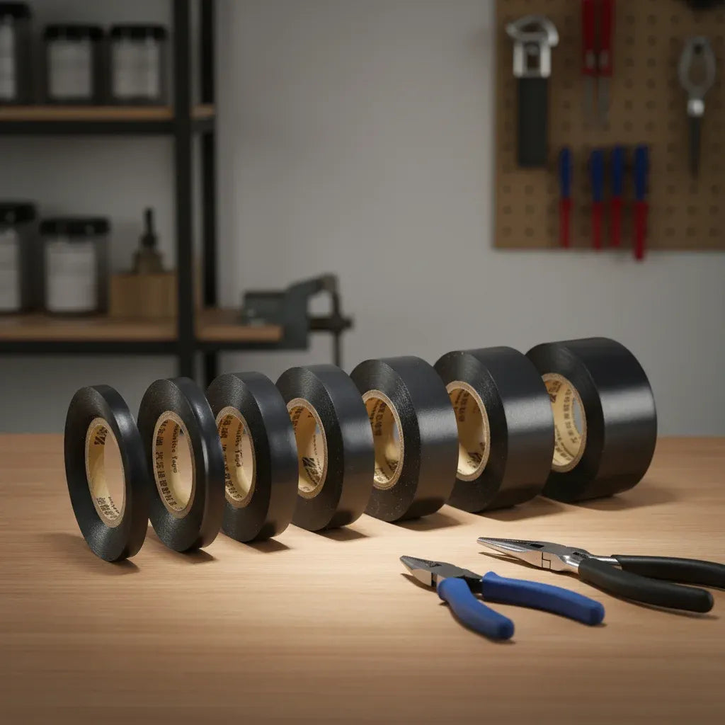 Stacked rolls of black PVC electrical tape with inner tan liner