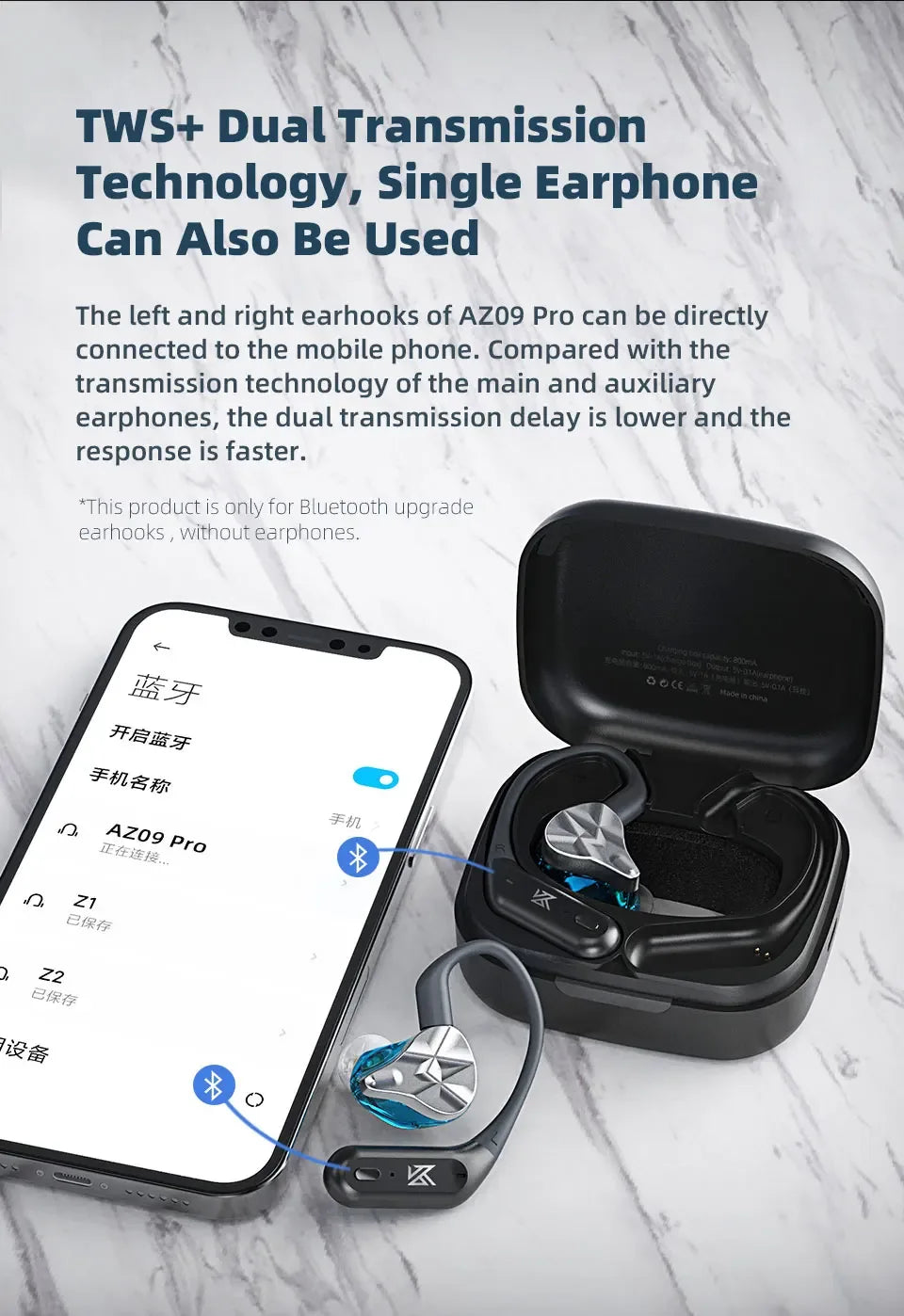 Bluetooth Wireless Adapter for KZ IEM C Pin Ear Hooks - Tidesmit Tidesmit