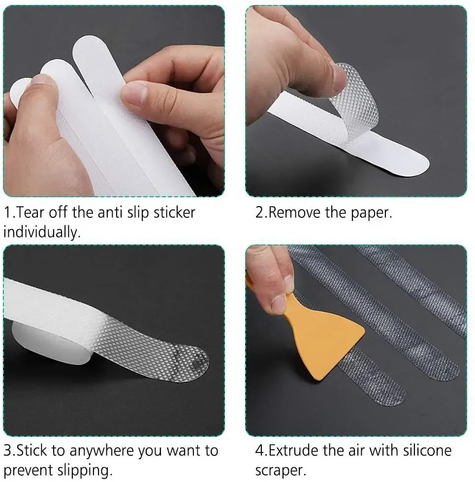 Hands applying clear anti-slip tape with silicone scraper for smooth adhesion
