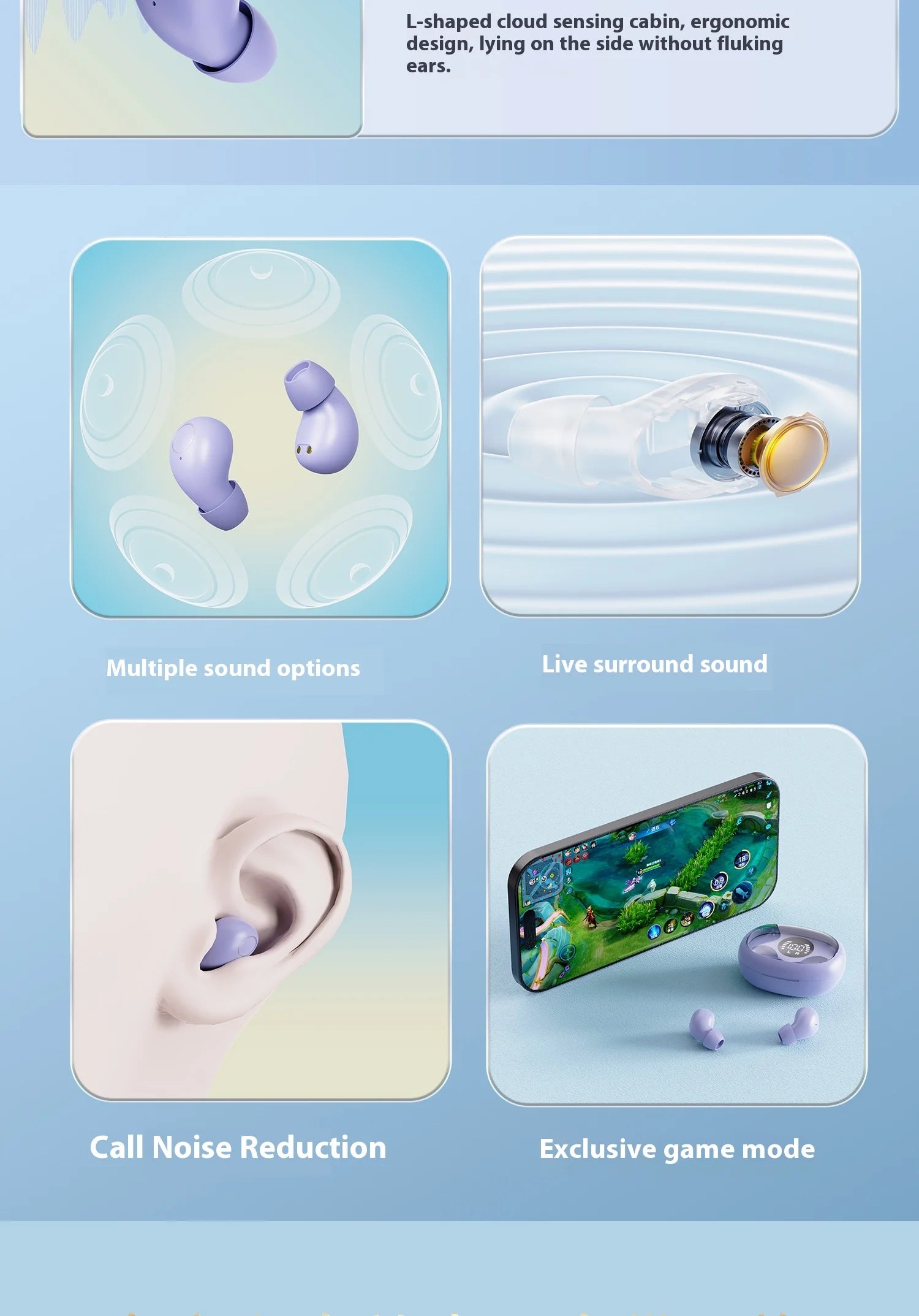 Mini Wireless for Bluetooth Earbuds Long Battery Life Noise Cancelling LED for Sleep/Work In-Ear Tidesmit