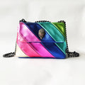 Kurt Geiger style quilted crossbody bag in rainbow metallic color-block leather with crystal eagle head and chain strap.
