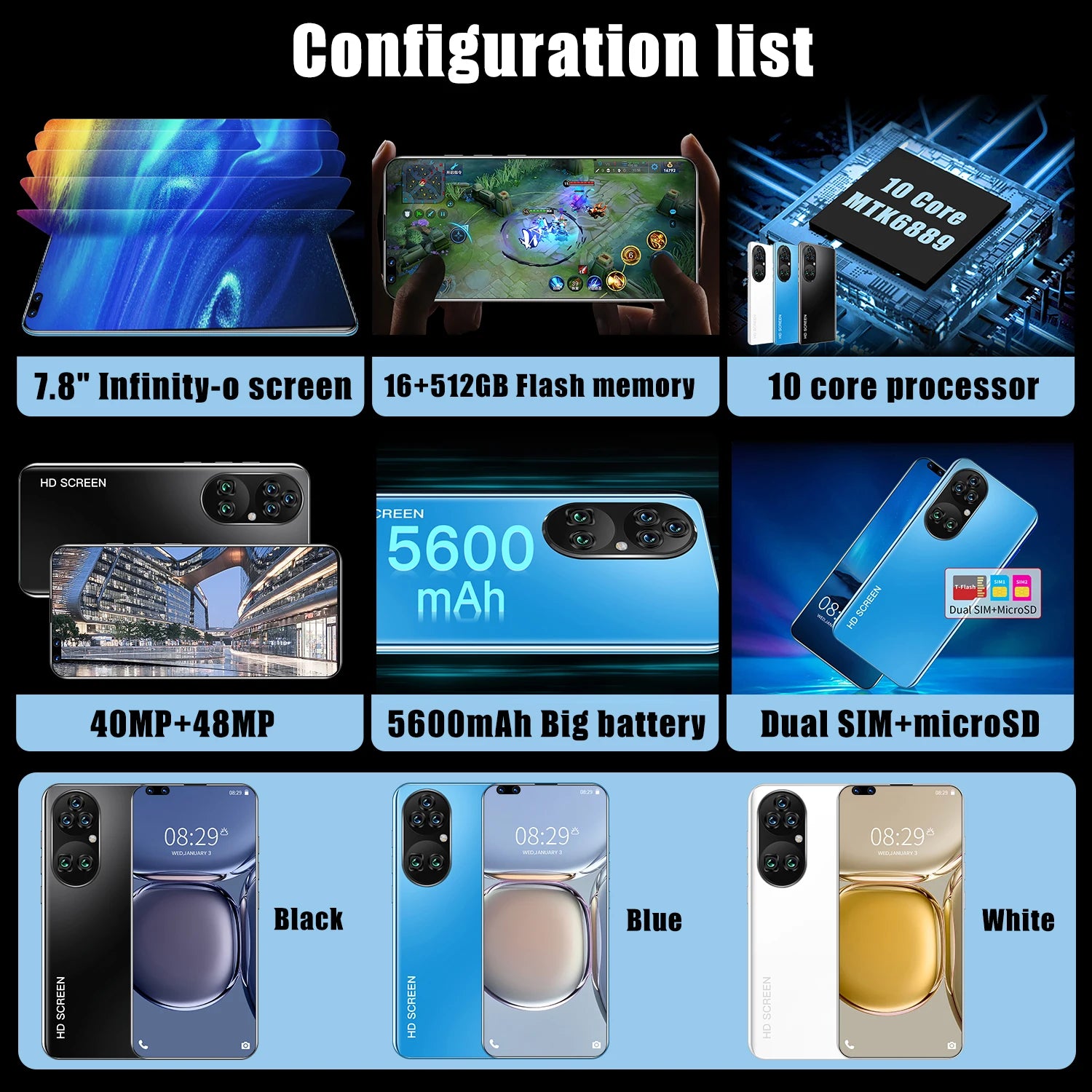 New P60 Pro 7.8 Inch 10 Core Smart Phone 16GB+512GB 4K HD GPS Navigation 5G Android SmartPhone 40+48MP Game Mobile Phone - Tidesmit