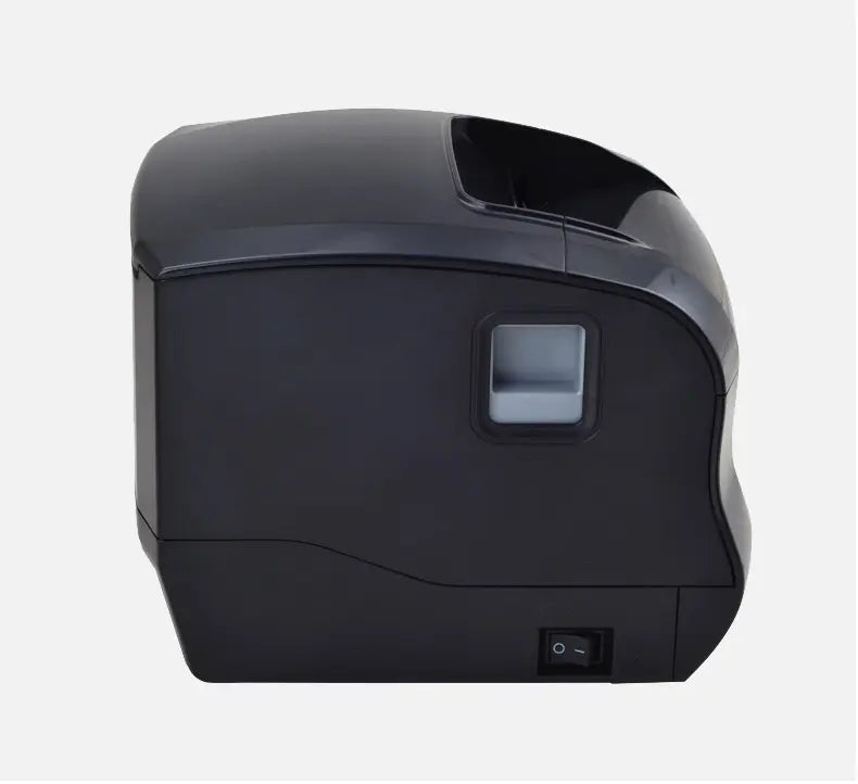 Rear view of black thermal printer with power switch and top sensor window