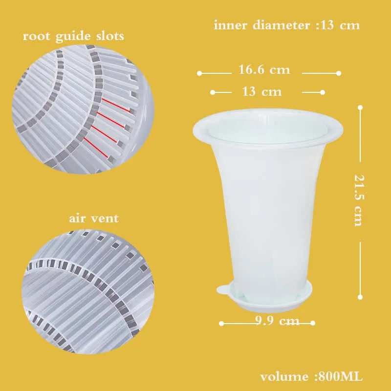 White plastic flower pot with air vents and double-layer base, high waist orchid planter.