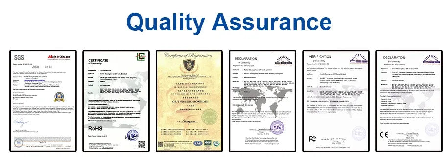 Barcode scanner quality assurance documents with multiple certificates and compliance logos