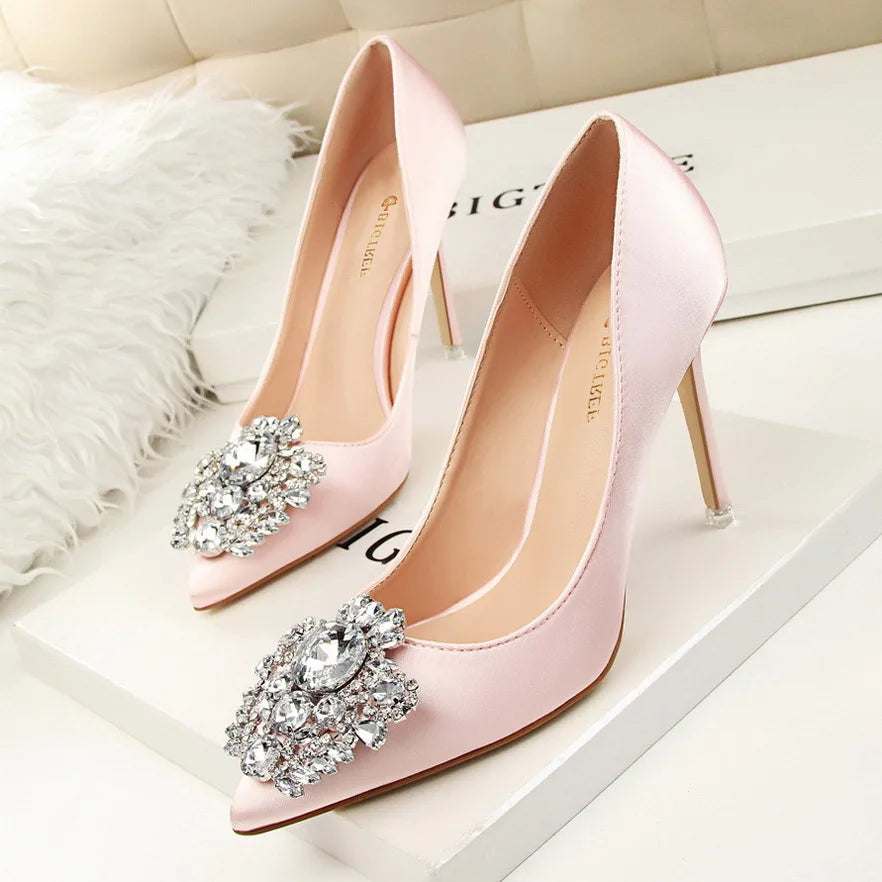 2026 New Water-Crystal Thin Heels Slip-On Solid Women's Sexy High Heel Office Formal Dress Shoes 10cm