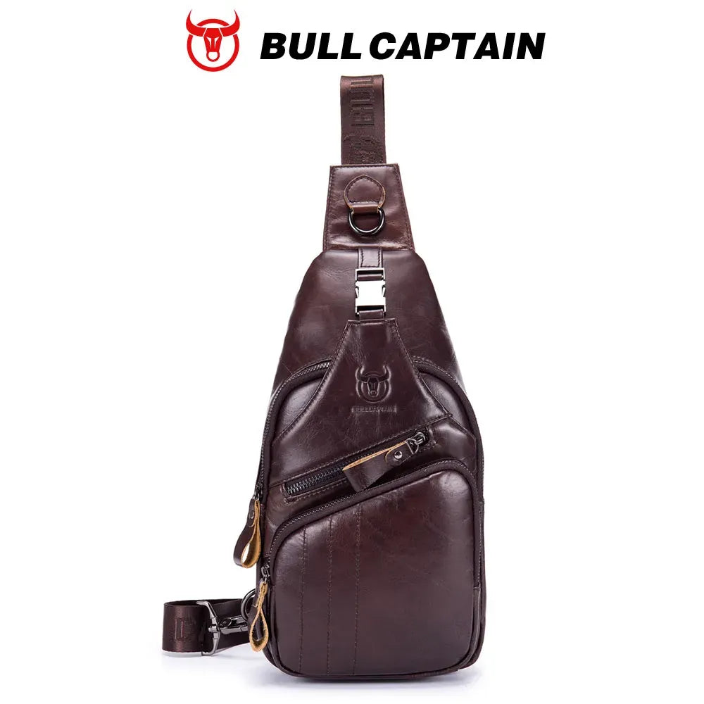 BULLCAPTAIN vintage brown cow leather crossbody sling bag for men with metal hardware, zip pockets, and logo.