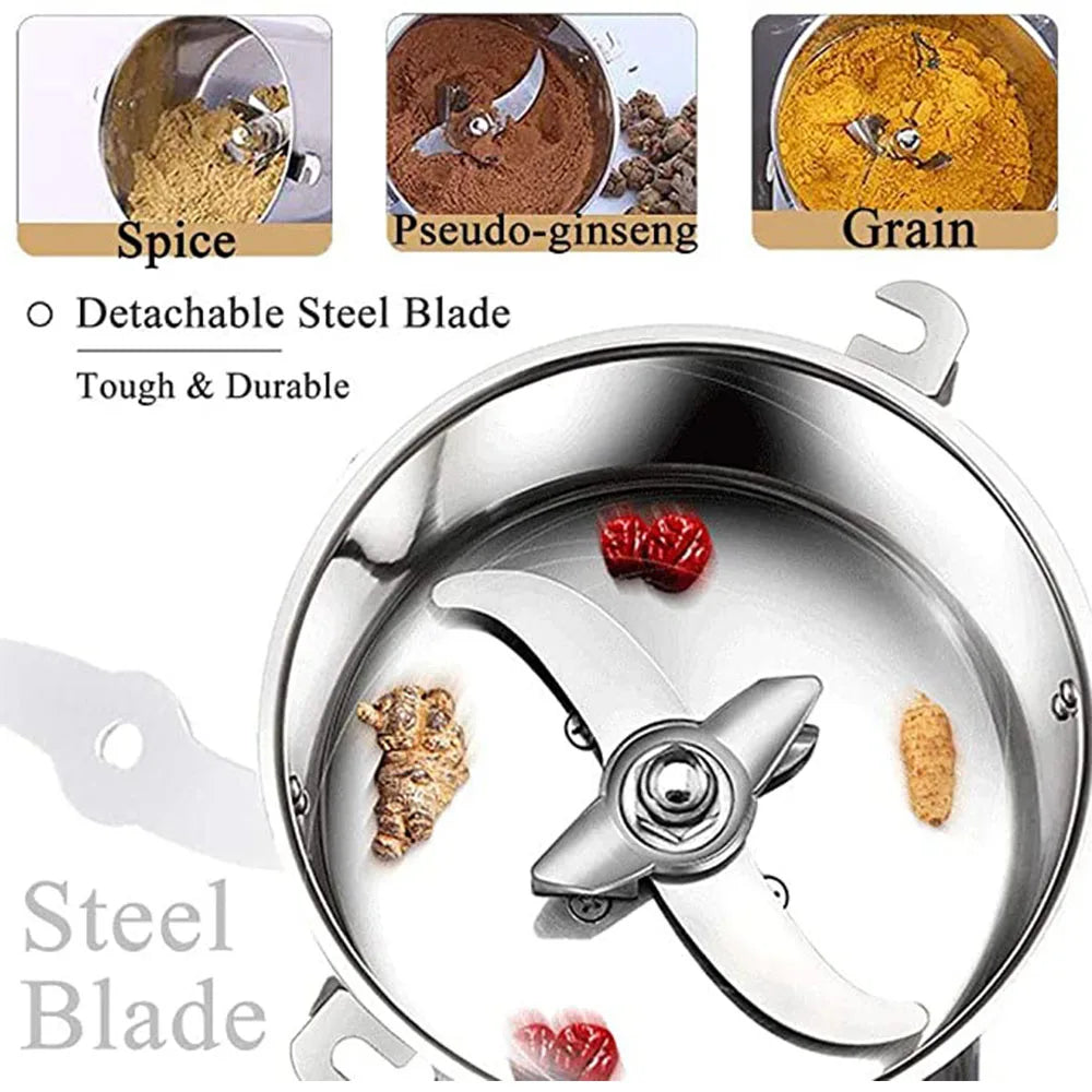 Stainless steel electric spice and grain grinder with durable, detachable blades for crushing herbs and coffee beans.