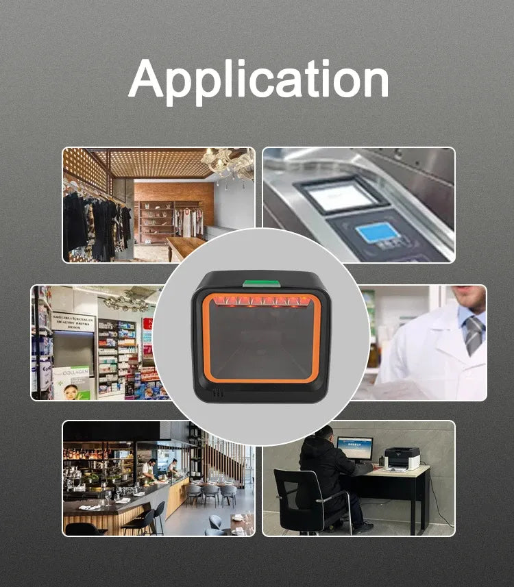 Desktop barcode scanner with application icons for retail and office use