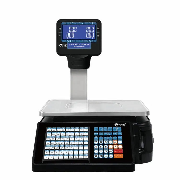 Barcode label printing scale with front touchscreen display and raised print head
