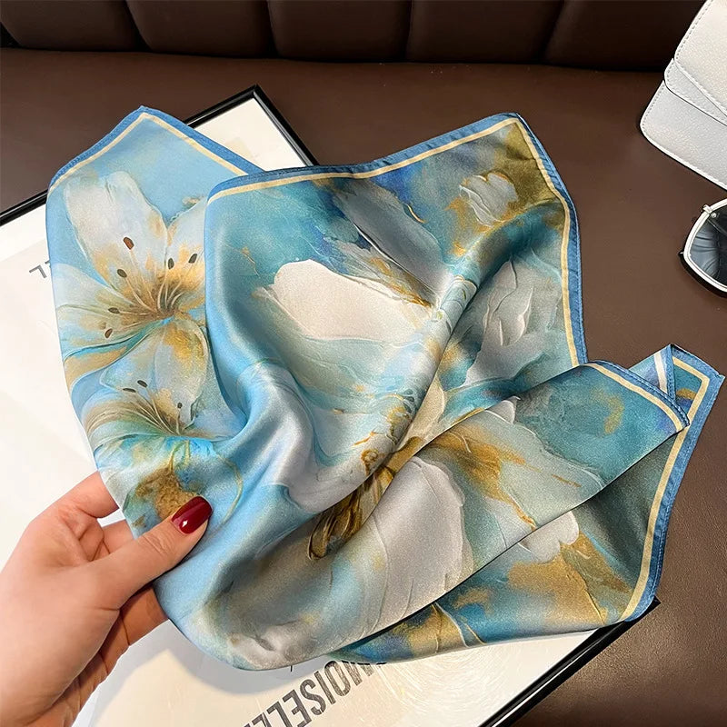 Women's Spring Autumn Mulberry Silk Square Scarf, Elegant Geometric Print, Soft & Smooth Neck Scarf