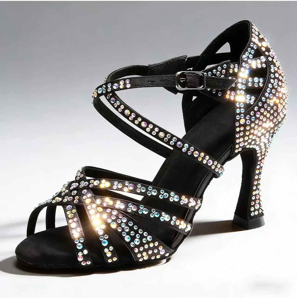 Women Rhinestones Salsa Latin Shoes Cha Cha Satin Dance Shoes Ballroom Swing Party Stage Sandals with Suede Sole for Indoor