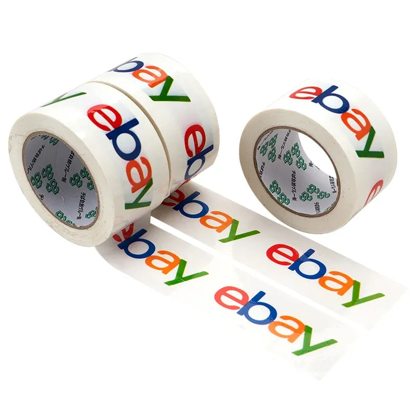 White packing tape roll with colorful eBay logo print, wide adhesive shipping tape
