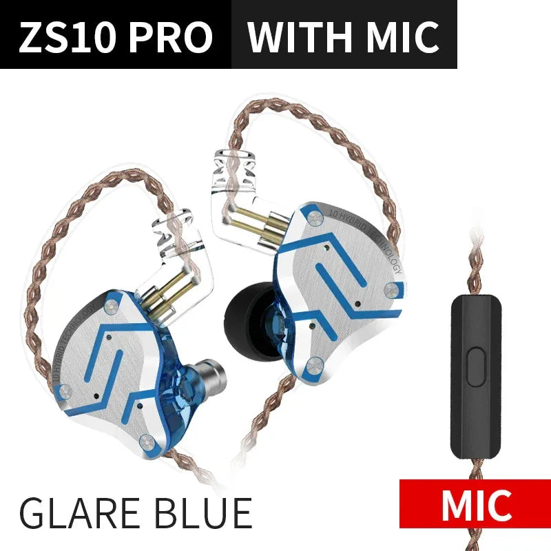 KZ ZS10 Pro 5-Driver Hybrid Hi-Fi In-Ear Monitors by Tidesmit ZS10ProGlareBlueMic Tidesmit