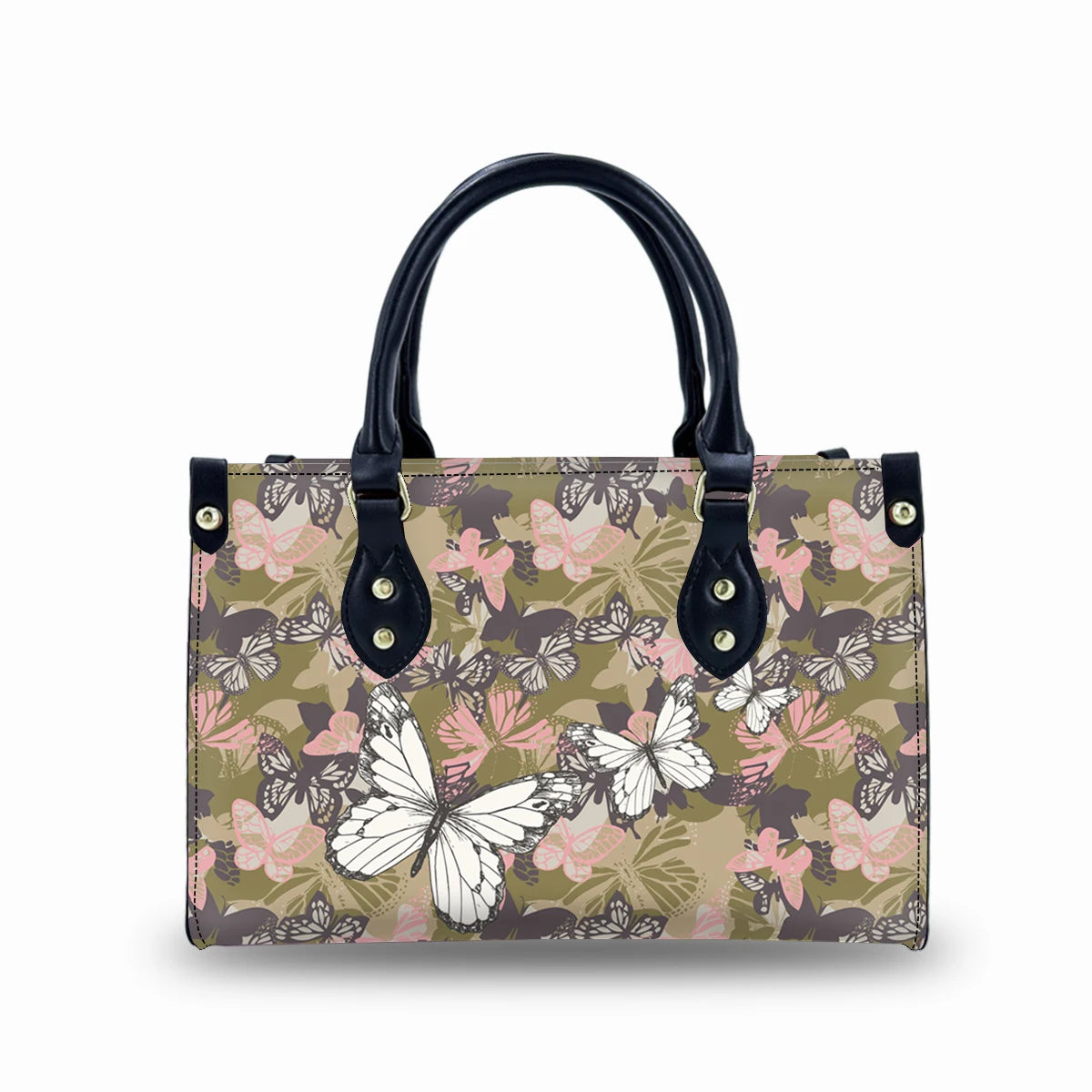 Genuine leather trunk handbag featuring a tan butterfly pattern, black top handles, and metallic buckle accents.