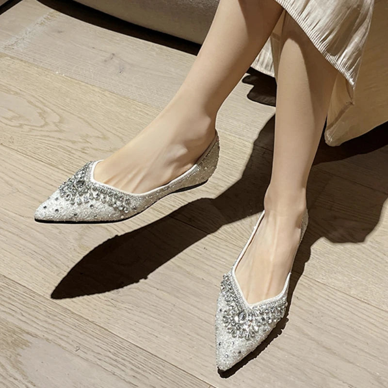 Luxury Diamond  Fashion  Loafers Women Pointed Toe Pumps Elegant Flat Dress Shoes for Ladies