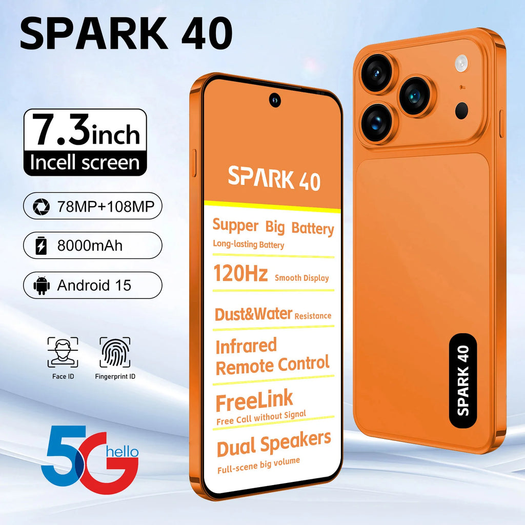 SPARK 40 5G unlocked smartphone in 7th gallery view featuring dual 78MP and 108MP camera with 8000mAh battery