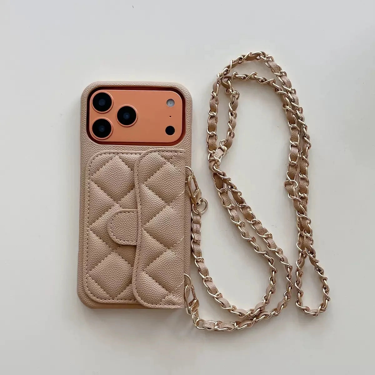 High End Embossed PU Leather Solid Color Crossbody Chain Wallet Card Anti-drop Cover Mobile Phone Cases for 15 Pro