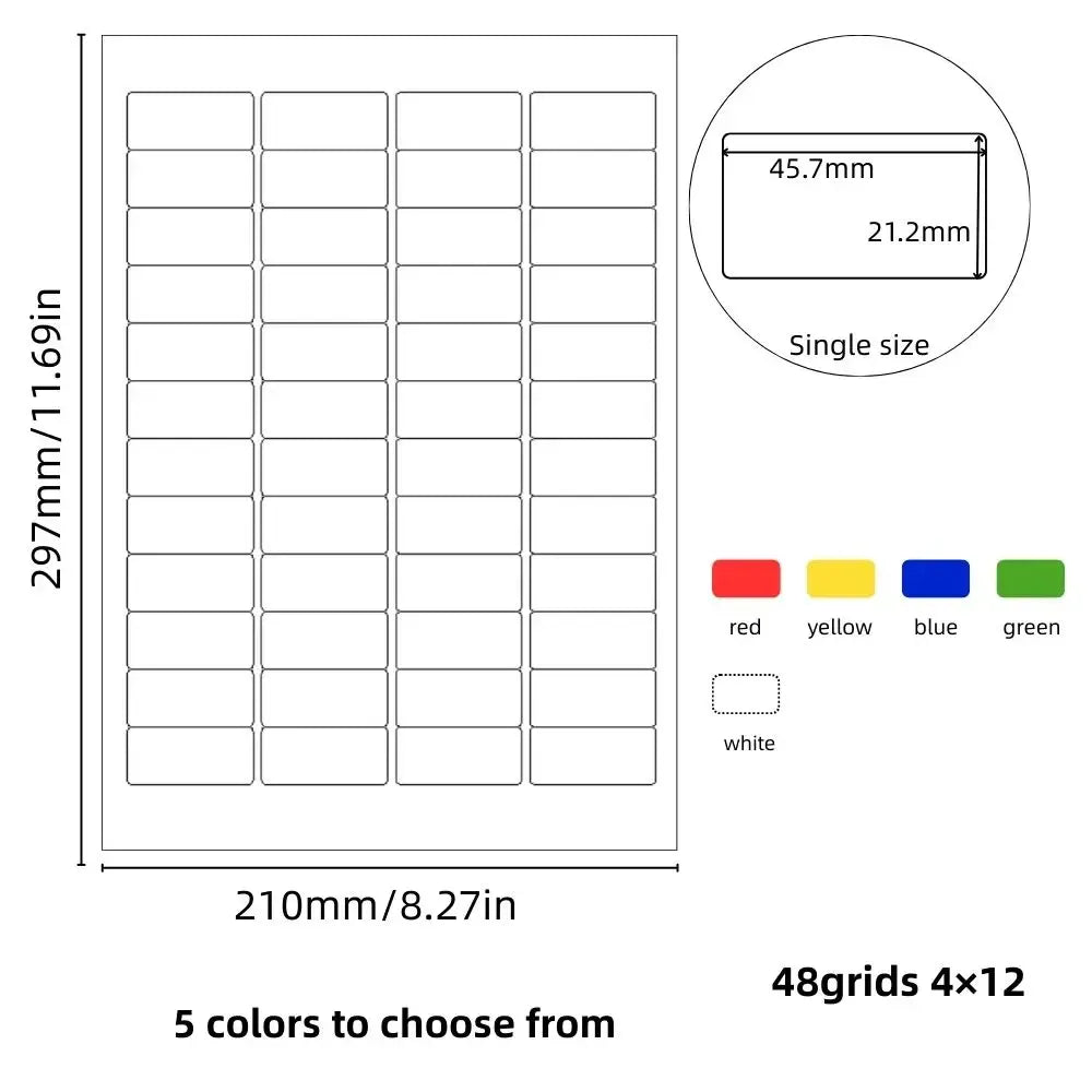 A4 sticker label sheet with 48 grid layout and adhesive backing, copperplate paper