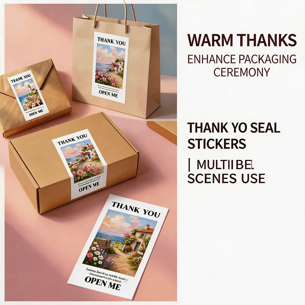 Thank-you seal stickers with "OPEN ME" oil painting landscape design for packages