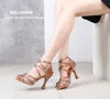Brown 7.5cm Salsa Latin Dance Shoes Strap Salsa Satin Dance Sandals Tango Cha Cha Ballroom Practices Dancing Heels for Women