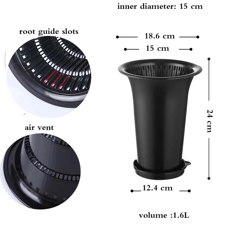 Black plastic orchid planter pot with air vents and root guide slots, 1.6L volume