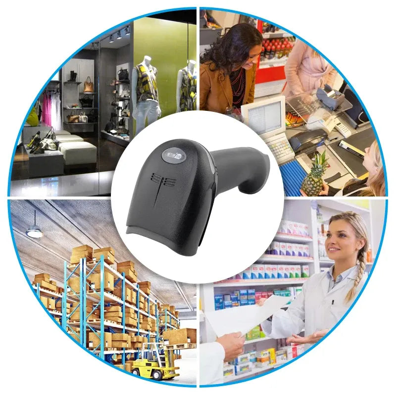 Handheld barcode scanner with circular promo graphic showing retail checkout scenes
