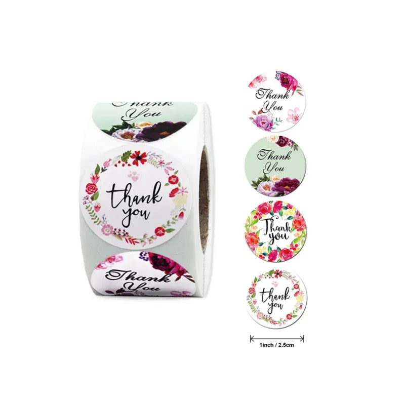 Thank you flower stickers set, round floral labels in white roll packaging