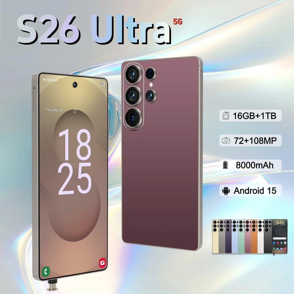 S26 Ultra 5G smartphone with 108MP camera and 1TB storage showing side view of titanium frame