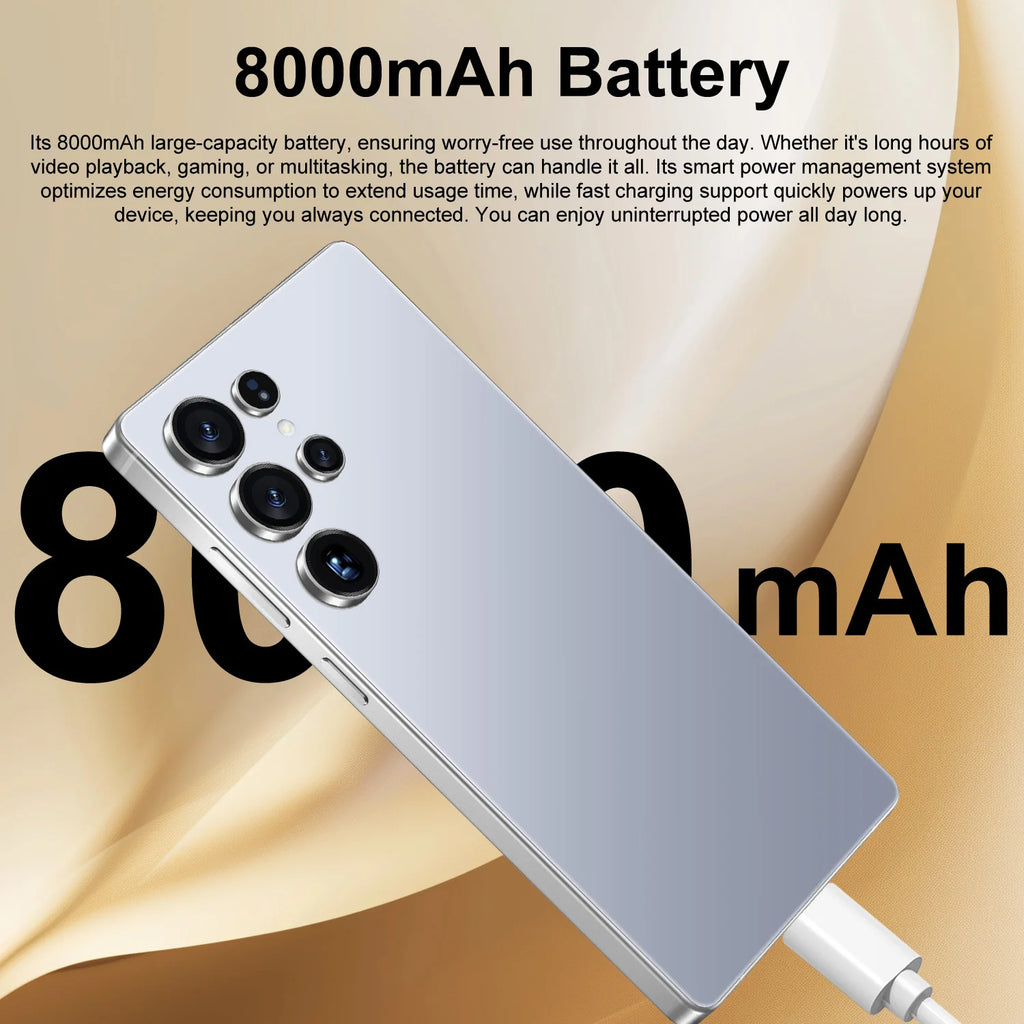 Tidesmit S26 Ultra 5G smartphone with 7.3-inch HD display, 16GB RAM, 1TB storage, and 108MP pro beauty camera.