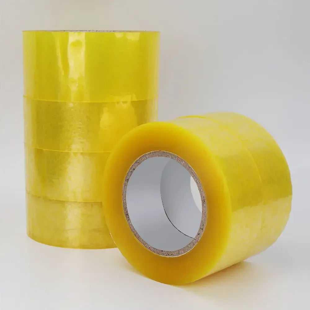 Pack of yellow packaging tape rolls, two rolls with exposed inner cores