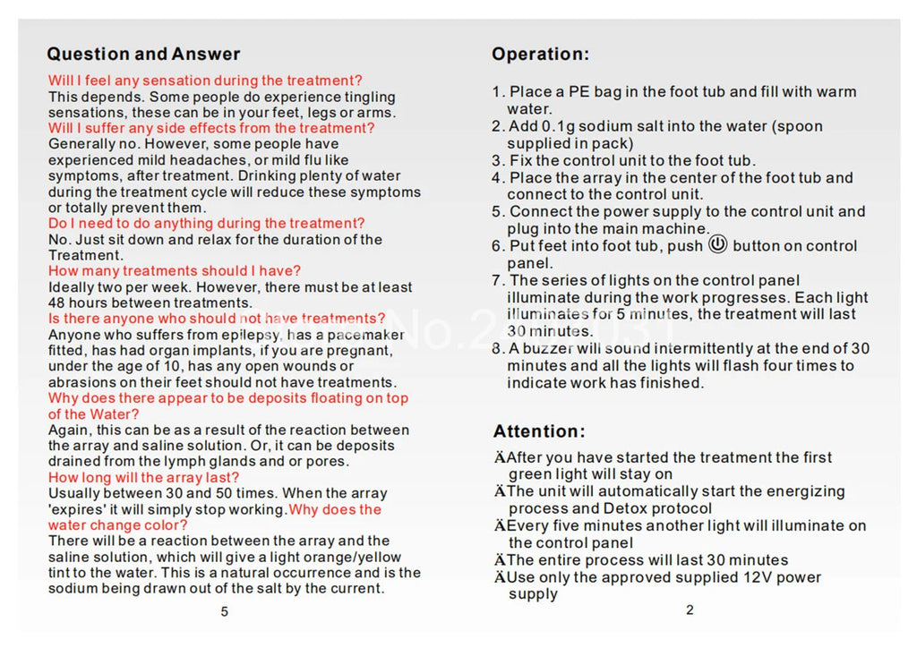 Instruction manual for electric ion detox foot spa machine detailing operation steps and health usage precautions.