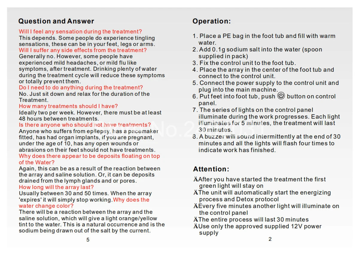 Instruction manual for electric ion detox foot spa machine detailing operation steps and health usage precautions.