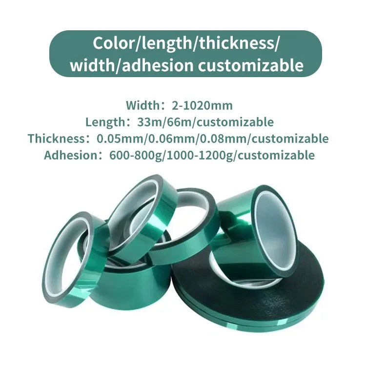 Green heat-resistant PET tape rolls stacked with visible inner cores