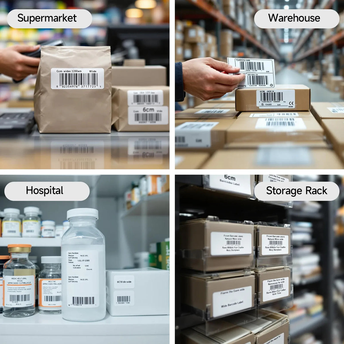White label stickers on small boxes with barcodes for warehouse and storage use