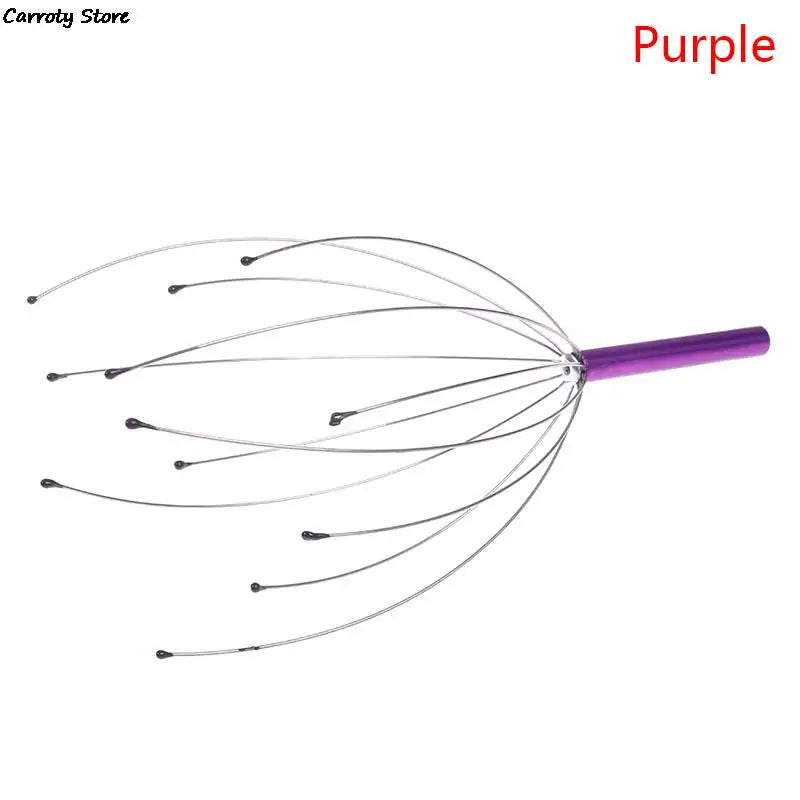 Purple handle octopus scalp massager with wire prongs for headache relief and stress reduction on a white background.