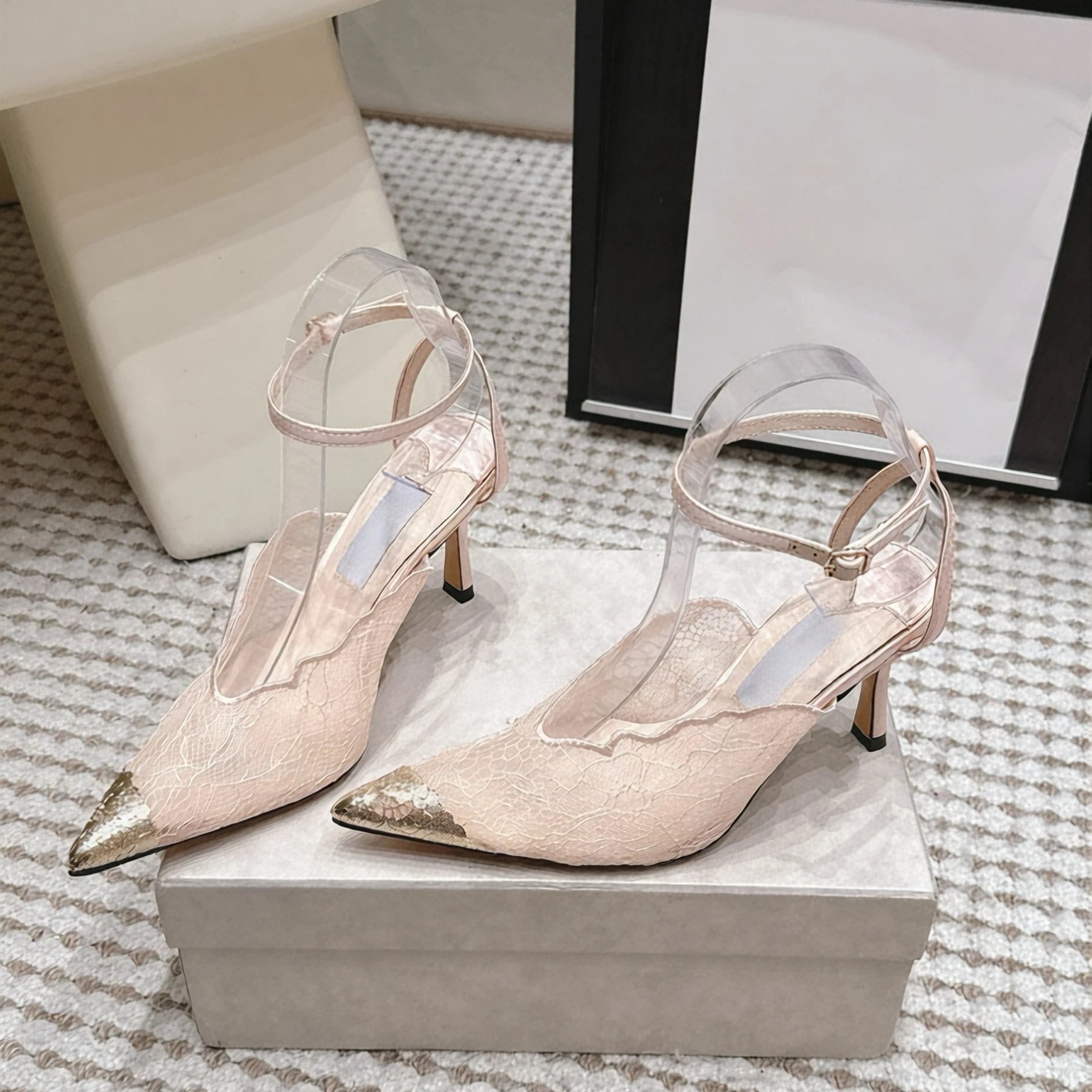 High-quality Designer Style Lace-up Pointed Toe Open-heeled 10cm Stiletto Heels Women's Ankle-length Strappy Elegant Heels