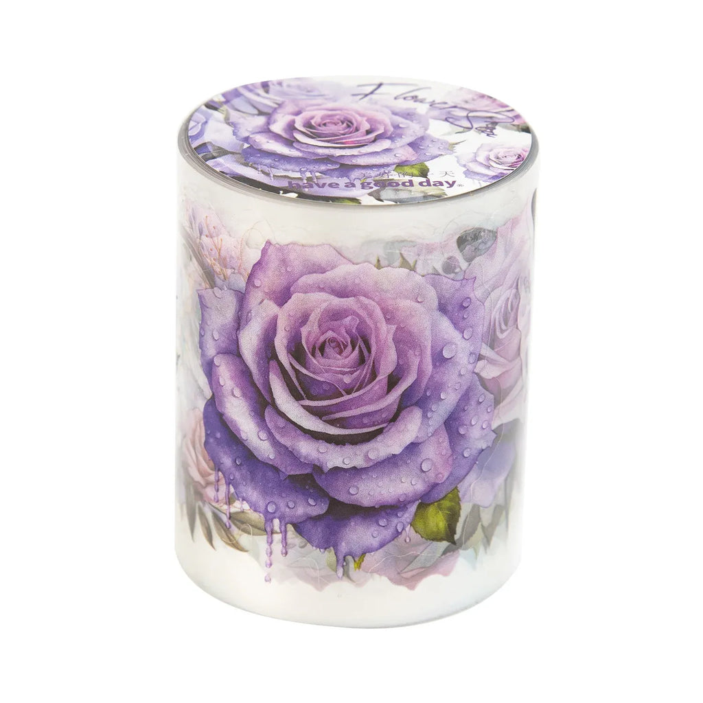 Purple rose PET masking tape roll with watercolor flowers on a white base