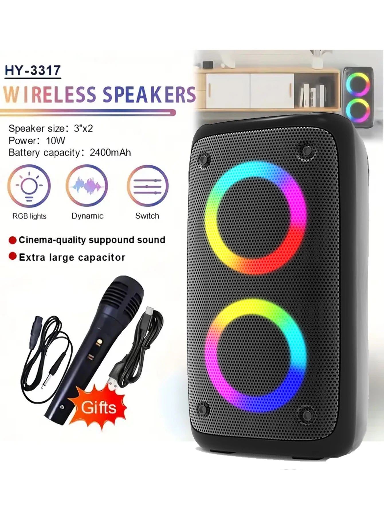 Bluetooth Speaker -HY3317 portable Altavoz De Karaoke Big Speakers Outdoor DJ Party Dual 4 Inch Bluetooh Speaker With Mic for Family Ktv