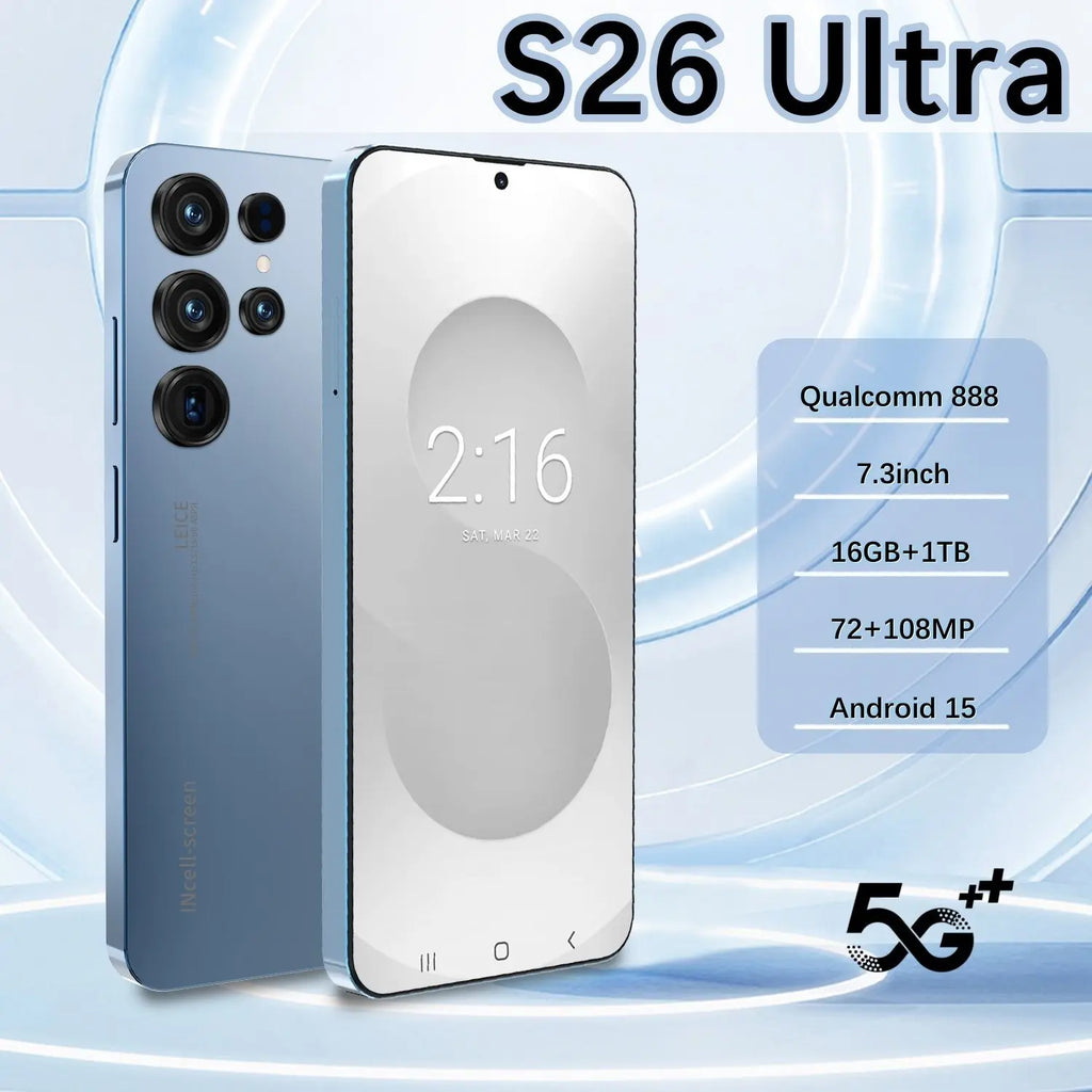 S26 Ultra Android 15 gaming smartphone with 7.3-inch HD screen, 16GB RAM, 1TB storage, and 108MP camera.