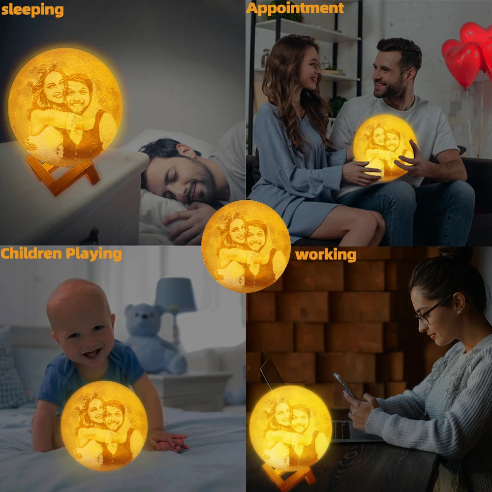 Custom 3D-printed moon lamp with personalized photo, warm yellow glow, sphere shape, and wooden stand.