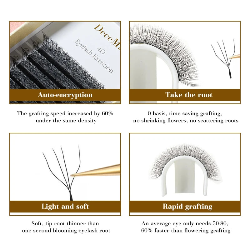 4D W-shaped black eyelash extensions on a tray, showing easy root pickup, soft texture, and rapid application.