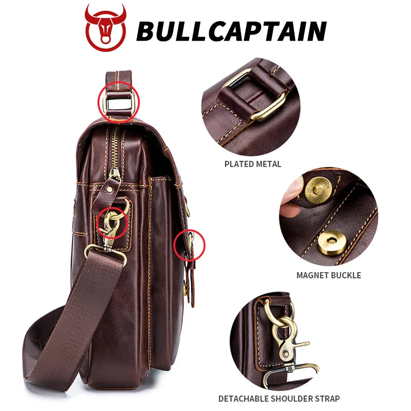 BULLCAPTAIN vintage brown leather men's messenger bag with detachable strap, metal hardware, and magnetic buckle.