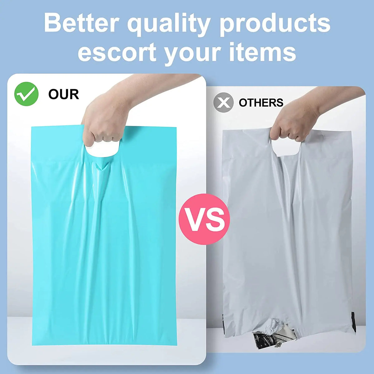 Set of poly mailer bags: turquoise and light-gray, shown being pulled open