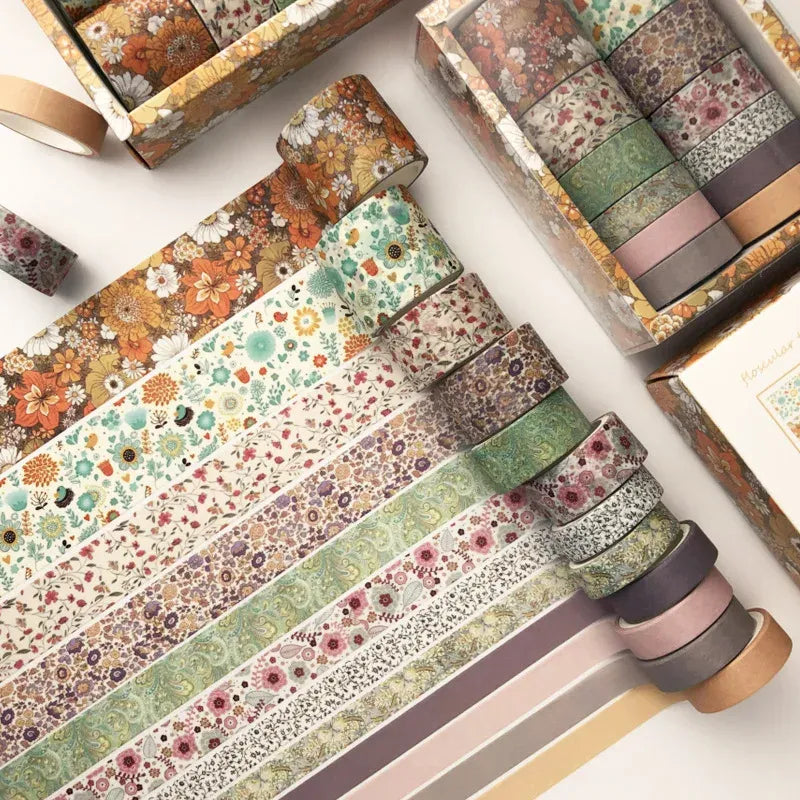 Neutral beige washi tape rolls set with floral and patterned strips, single-sided