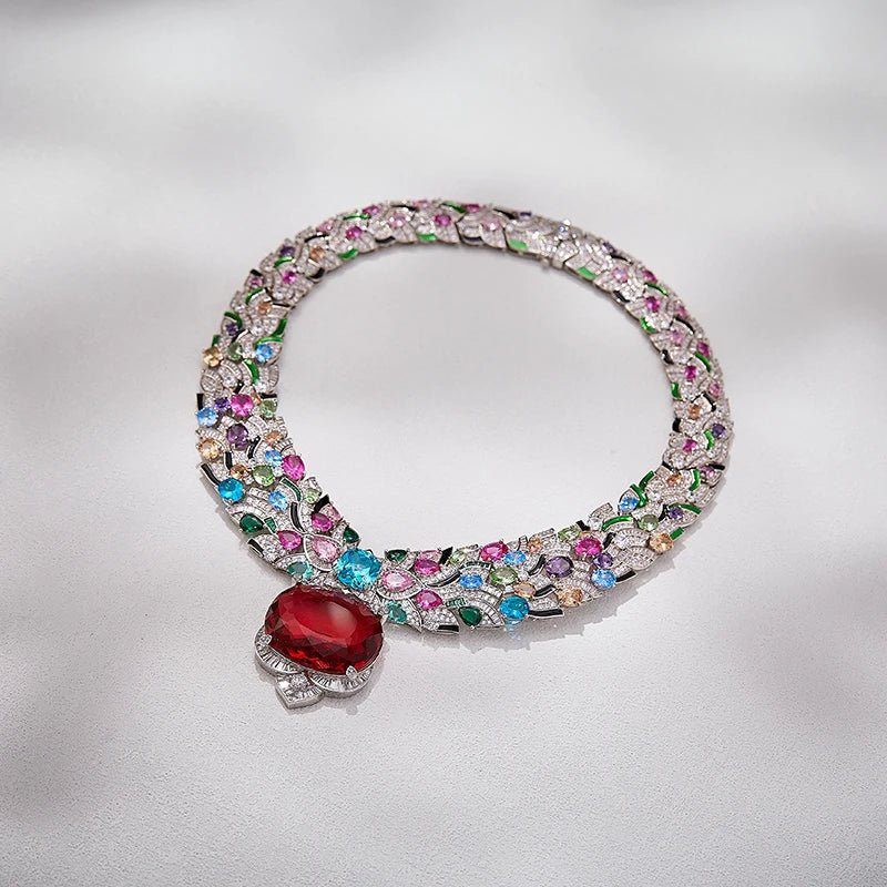 Vintage High-end Colorful Large Carat Ruby Pendant Evening Dress Chain Gorgeous Exaggerate Bride Wedding Jewelry Necklace