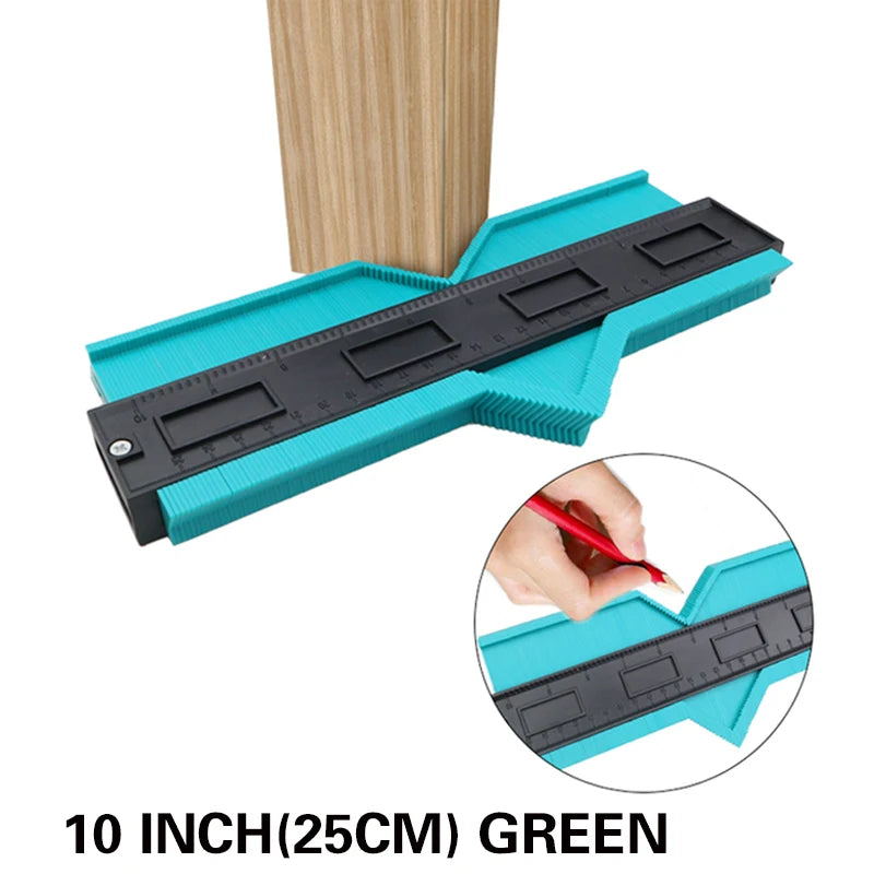 10 inch green contour duplicator with black measuring plate and ribbed green pads on wood